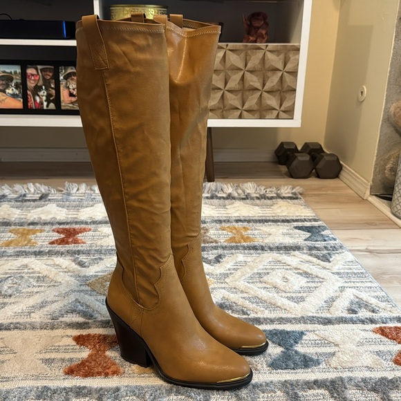 Franco Sarto Womens Glenice 2 Faux Leather Stacked Heel Knee-High Boots - Picture 1 of 8